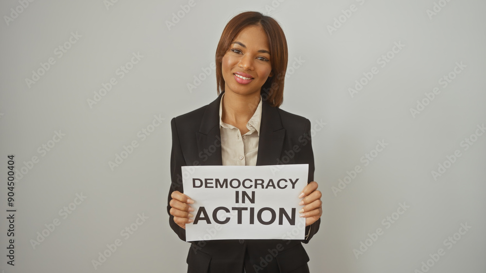 African american woman in business attire holding a 'democracy in action' sign against a white background African american woman in business attire holding a 'democracy in action' sign against a white background