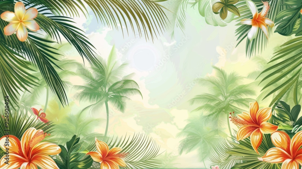 Background with palm trees and tropical flowers. generative ai Background with palm trees and tropical flowers. generative ai