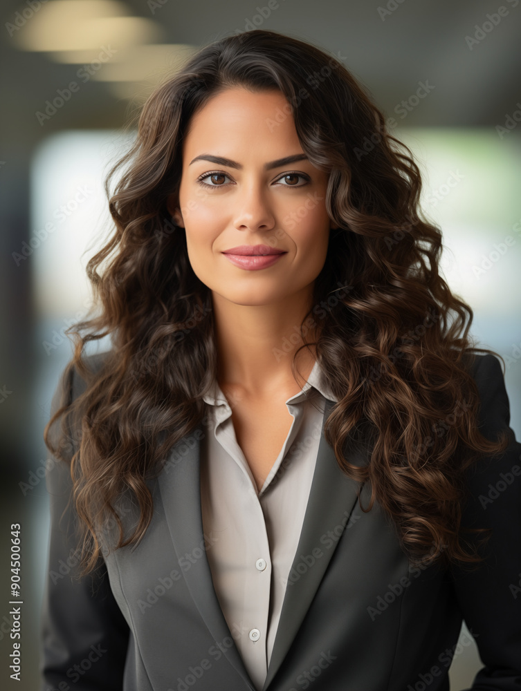 Confident Businesswoman with Wavy Hair in Modern Office Setting