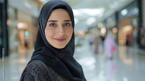 beautiful young smiling arab woman in black hijab in a shopping mall, sheila, scarf, dress, traditional clothing, oriental fashion, middle east, UAE, Dubai, muslim, islamic, religious, shop, store photo