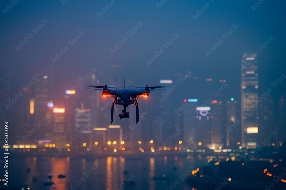 Modern drone hovering over a city at twilight, capturing aerial footage of the urban landscape Modern drone hovering over a city at twilight, capturing aerial footage of the urban landscape