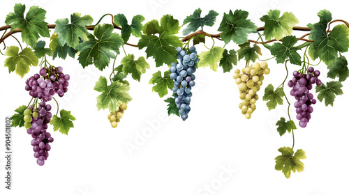 Watercolor Grapevine with Red, Green, and Blue Grapes