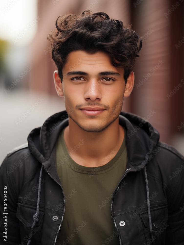 Fototapeta premium Young Man with Wavy Hair in Casual Jacket and Green Shirt Outdoors