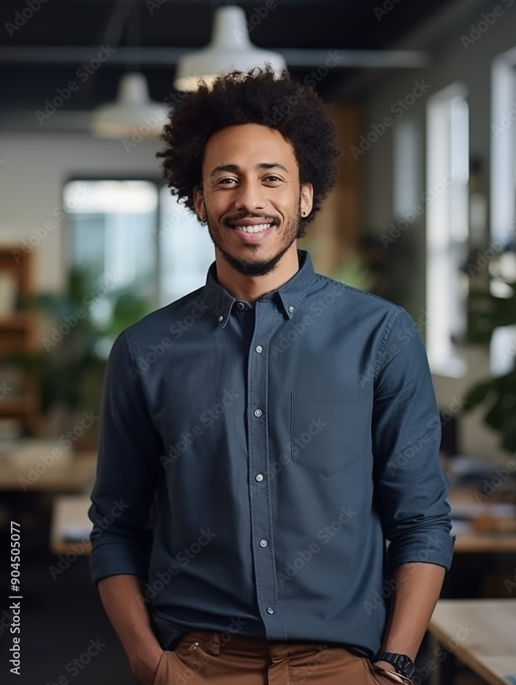 Smiling Young Man with Afro Hair in Casual Office Setting Smiling Young Man with Afro Hair in Casual Office Setting