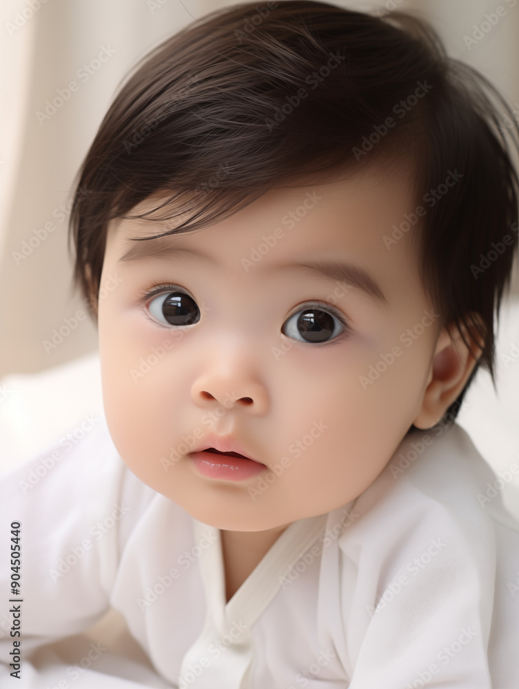 Adorable Asian baby with big eyes in white outfit Adorable Asian baby with big eyes in white outfit