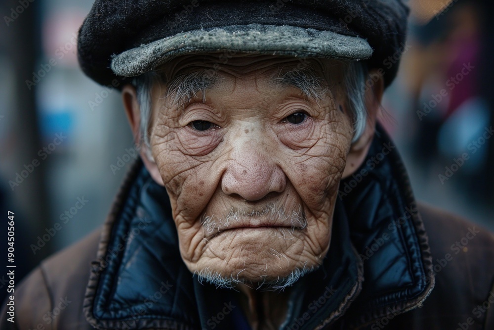 Elderly asian man with a weathered face is posing outside on a cold day Elderly asian man with a weathered face is posing outside on a cold day