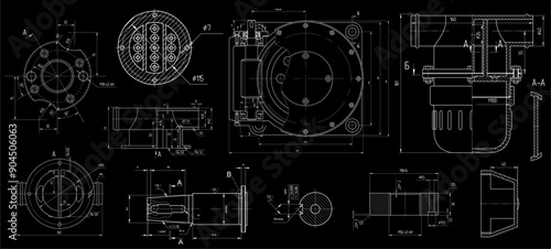 Vector set of steel mechanical devices with shaft, 
gear, electric engine, bolted connection 
and dimension lines. Assembly drawing of cylindrical 
worm reducer. Engineering technical cad scheme. 