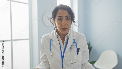 A mature woman doctor in a white coat with a stethoscope stands thoughtfully in a clinic room. photo