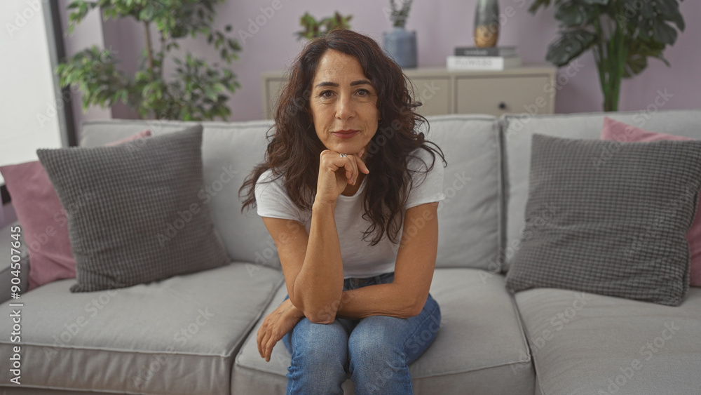 Mature hispanic woman sitting casually on a grey sofa in a well-lit living room with a tranquil expression Mature hispanic woman sitting casually on a grey sofa in a well-lit living room with a tranquil expression