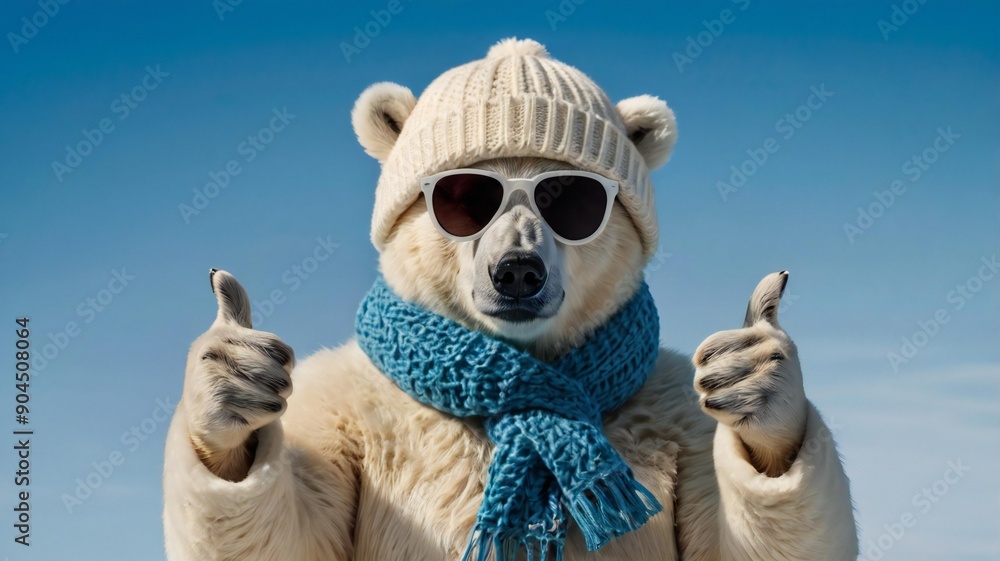 Polar bear in the sunglasses scarf and hat giving the thumbs up, on blue background. Polar bear in the sunglasses scarf and hat giving the thumbs up, on blue background.