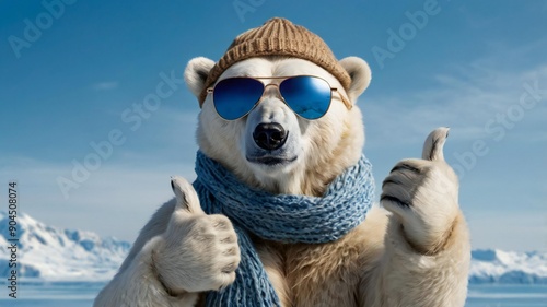 Polar bear in the sunglasses scarf and hat giving the thumbs up, on blue background. 