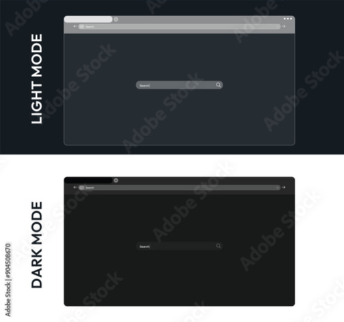 Browser User Interface in Light Mode and Dark Mode Web Design, editable vector. Modern and transparent interface design