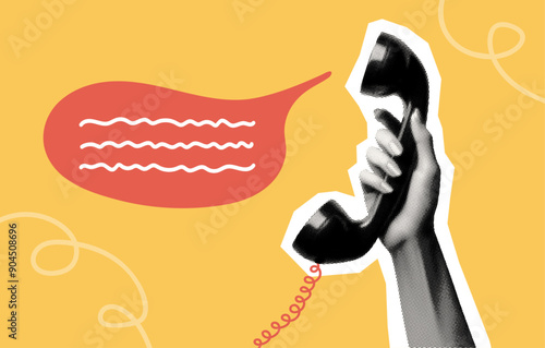 telephone call communication concept collage design with hand holding vintage phone receiver isolated retro dotted halftone element on yellow grunge background