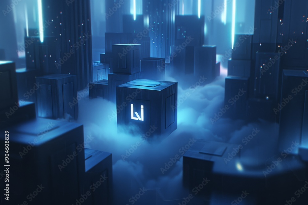 Monochrome cityscape with glowing blue cubes depicting a cold digital transformation of urban environments. Monochrome cityscape with glowing blue cubes depicting a cold digital transformation of urban environments.