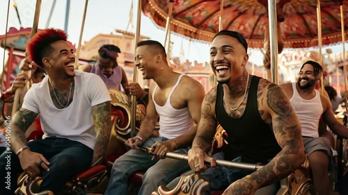 Men friends with tattoos having fun on merry go round photo