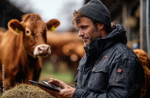 Cows Eating Hay in Pen of Modern Factory Farm with Farmer Using Digital Tablet, Depicting Advanced Agricultural Practices and Technology Integration photo