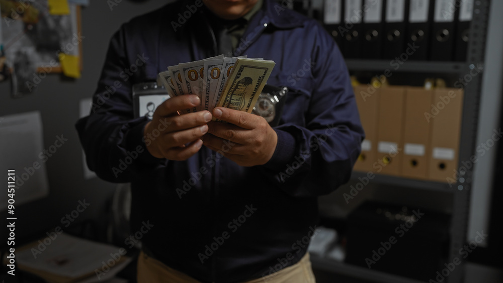 © Krakenimages.com - Close-up of a young hispanic man holding american dollars in a police station office. © Krakenimages.com - Close-up of a young hispanic man holding american dollars in a police station office.