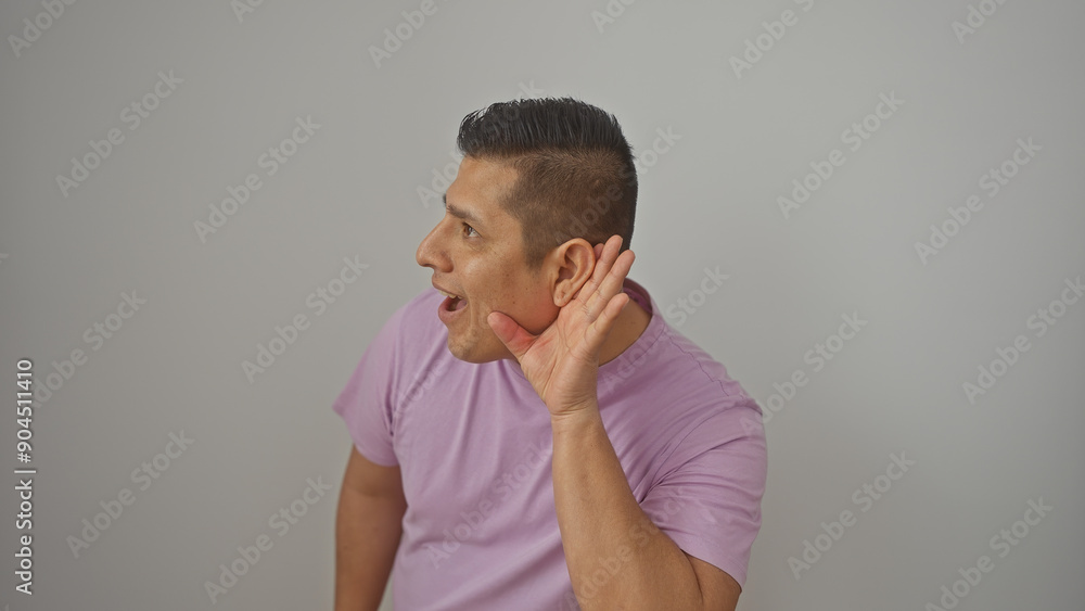 Handsome hispanic man in a pink shirt cupping hand around ear to hear better against a white background. Handsome hispanic man in a pink shirt cupping hand around ear to hear better against a white background.