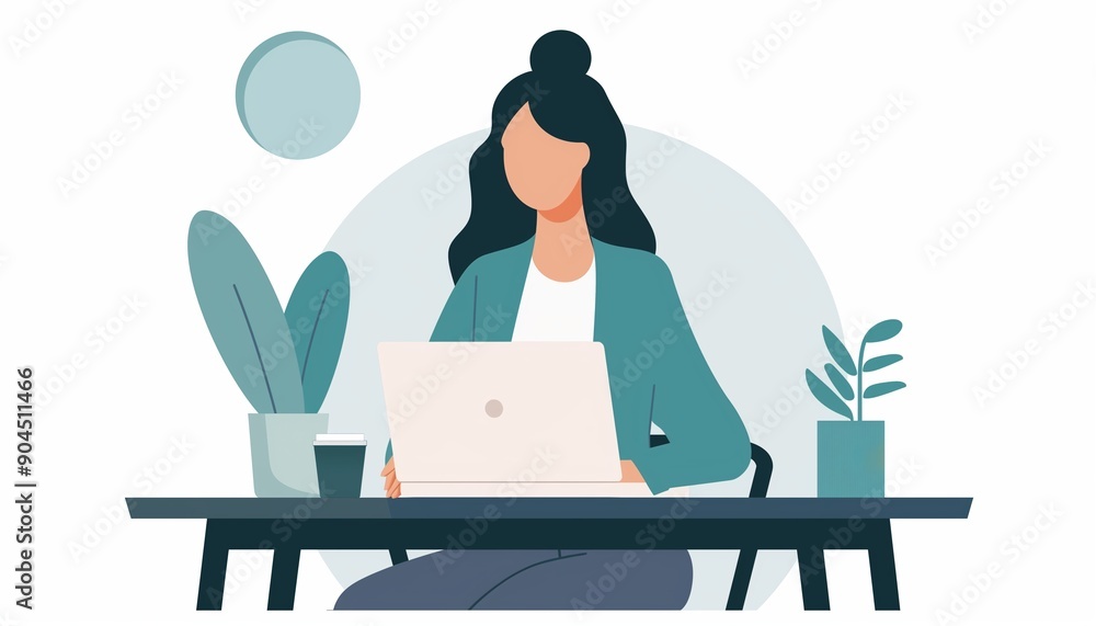 custom made wallpaper toronto digitalIllustration of a Woman Working on a Laptop at a Desk with Plants, Ideal for Business and Remote Work Concepts