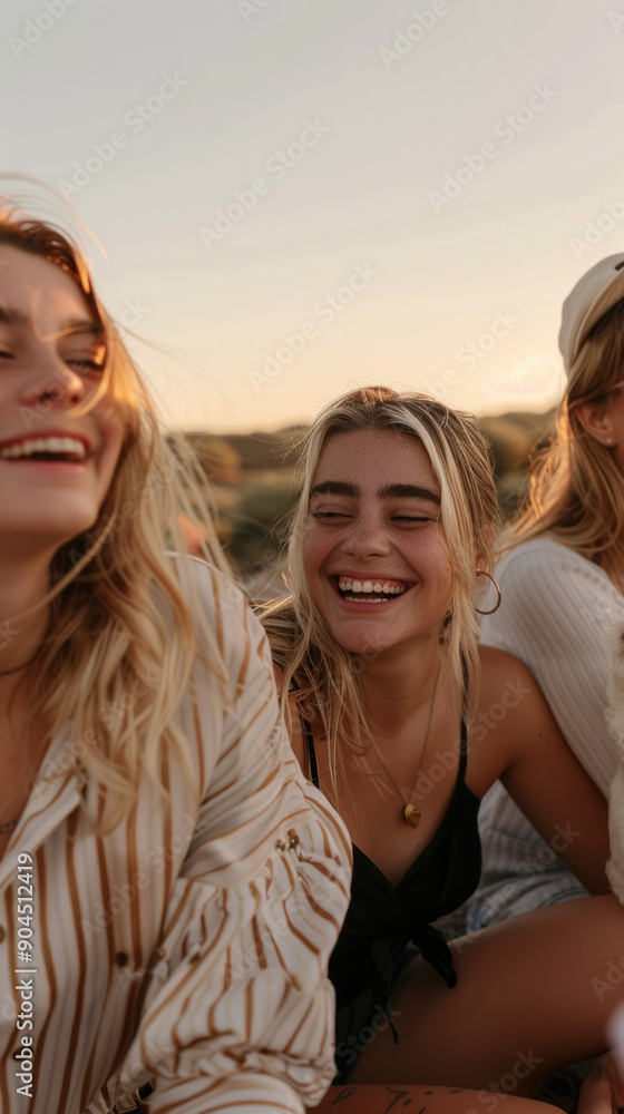 Three friends laughing joyfully while enjoying a beautiful sunset outdoors Three friends laughing joyfully while enjoying a beautiful sunset outdoors