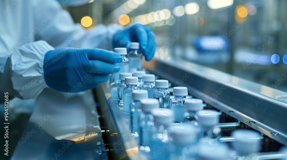 Pharmacist scientist with gloves examining medical vials on a pharmaceutical factory. Pharmacist scientist with gloves examining medical vials on a pharmaceutical factory.