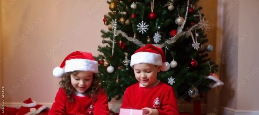 christmas with happy boy and girl in red pajamas and santa claus hats opening gift boxes sitting on white fluffy carpet near decorated christmas tree in room christmas with happy boy and girl in red pajamas and santa claus hats opening gift boxes sitting on white fluffy carpet near decorated christmas tree in room