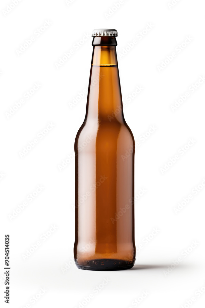 A brown glass bottle stands upright on a white surface, illuminated by soft natural light A brown glass bottle stands upright on a white surface, illuminated by soft natural light