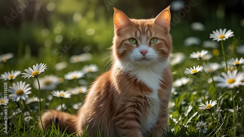 Adorable ginger cat sits in a field of daisies, looking content and relaxed. The background is filled with vibrant green grass and white daisies, providing the perfect natural setting. Generative AI