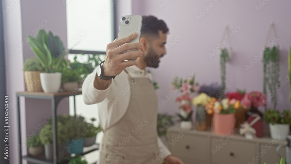 A young hispanic man takes a selfie in a vibrant indoor flower shop, surrounded by colorful blooms and greenery. A young hispanic man takes a selfie in a vibrant indoor flower shop, surrounded by colorful blooms and greenery.