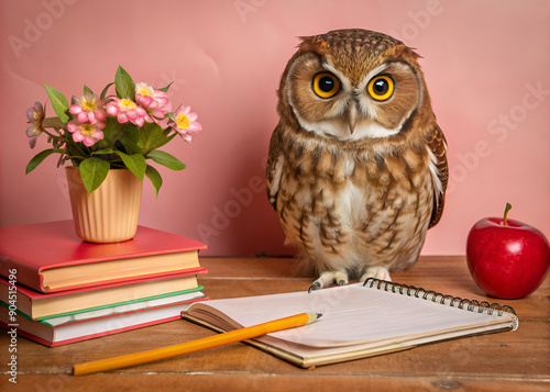 owl with books and pencils on wooden table