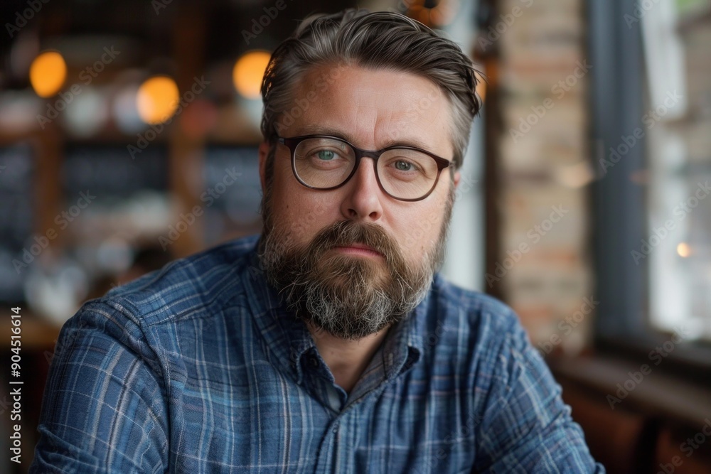 Serious bearded man with glasses sitting in a restaurant Serious bearded man with glasses sitting in a restaurant