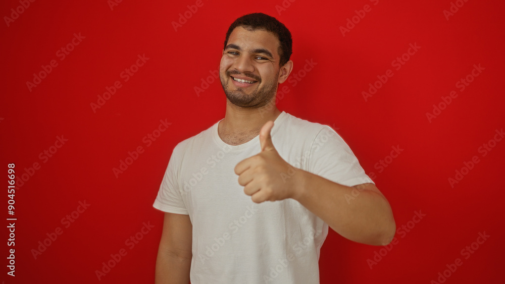 Young hispanic man giving a thumbs up in front of an isolated red background, wearing a white shirt and smiling confidently Young hispanic man giving a thumbs up in front of an isolated red background, wearing a white shirt and smiling confidently