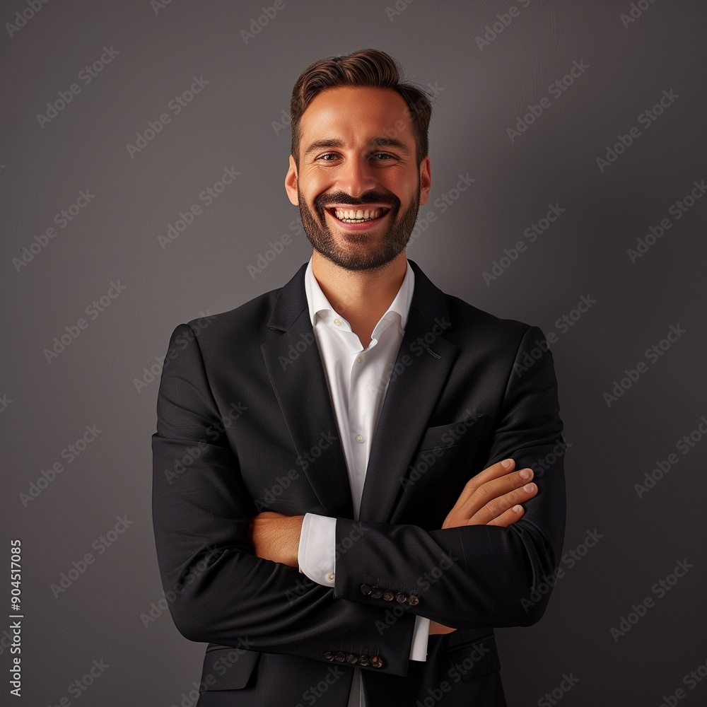 Confident businessman with a broad smile in a black suit and white shirt, standing against a dark background. Ideal for corporate, business, and professional use. Confident businessman with a broad smile in a black suit and white shirt, standing against a dark background. Ideal for corporate, business, and professional use.