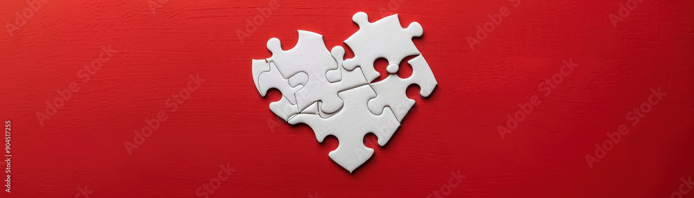 Fototapeta premium A white heart is cut into pieces and placed on a red background. Concept of loss and separation, as the heart is no longer whole. The red background adds to the emotional impact of the scene