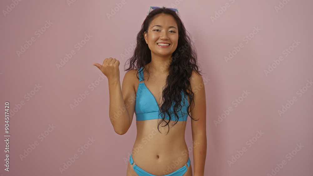 Naklejka premium Beautiful young chinese woman in a blue bikini smiling against an isolated pink background wall, pointing with her thumb.
