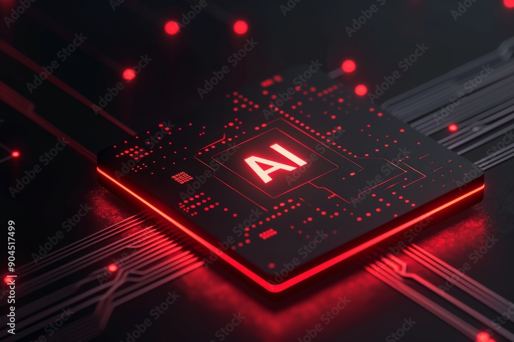 Glowing Red AI Microchip on Futuristic Circuit Board Symbolizing High Tech Innovation and Technology Glowing Red AI Microchip on Futuristic Circuit Board Symbolizing High Tech Innovation and Technology