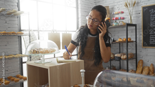 Fotografie Young chinese woman working in a bakery shop, taking notes on a notebook while talking on the phone, surrounded by freshly baked bread and pastries in an indoor setting