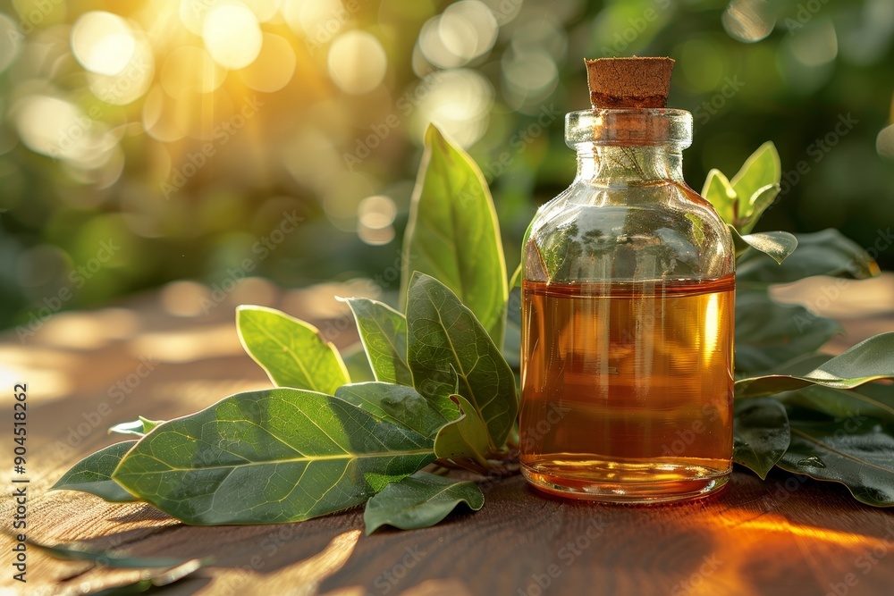Bay leaf essential oil bottle with dropper on background for aromatherapy and natural medicine Bay leaf essential oil bottle with dropper on background for aromatherapy and natural medicine