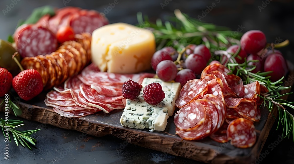 A wooden board with a variety of meats, cheese, and fruit A wooden board with a variety of meats, cheese, and fruit
