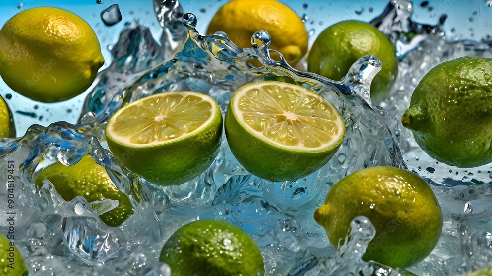 Fresh lime slices and ice cubes float in bubbling white water, creating a refreshing and vibrant summer scene with a crisp, clean aesthetic on a light background. Generative AI. Fresh lime slices and ice cubes float in bubbling white water, creating a refreshing and vibrant summer scene with a crisp, clean aesthetic on a light background. Generative AI.