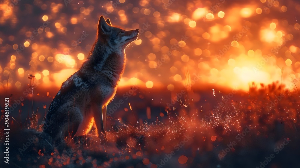 A coyote is sitting in the grass, looking up at the sky A coyote is sitting in the grass, looking up at the sky
