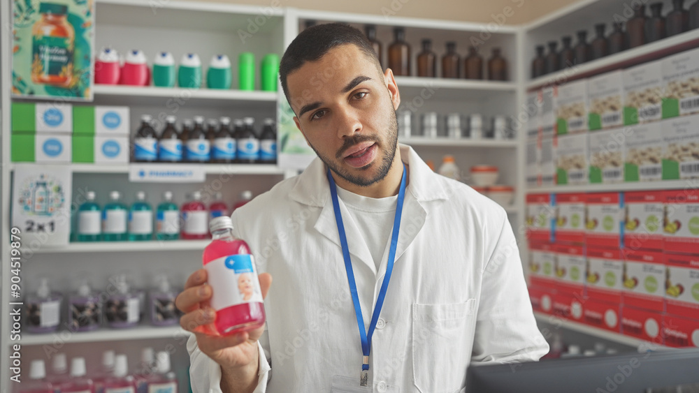 A young hispanic male pharmacist holding a medication bottle stands in a well-stocked pharmacy A young hispanic male pharmacist holding a medication bottle stands in a well-stocked pharmacy