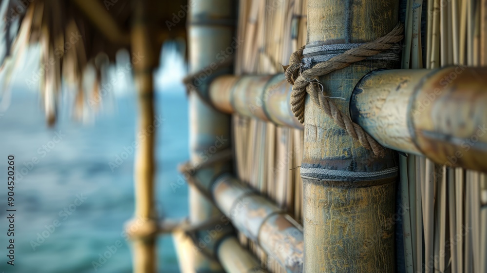 Bamboo texture, details of the hut and the sea in the background. generative ai Bamboo texture, details of the hut and the sea in the background. generative ai