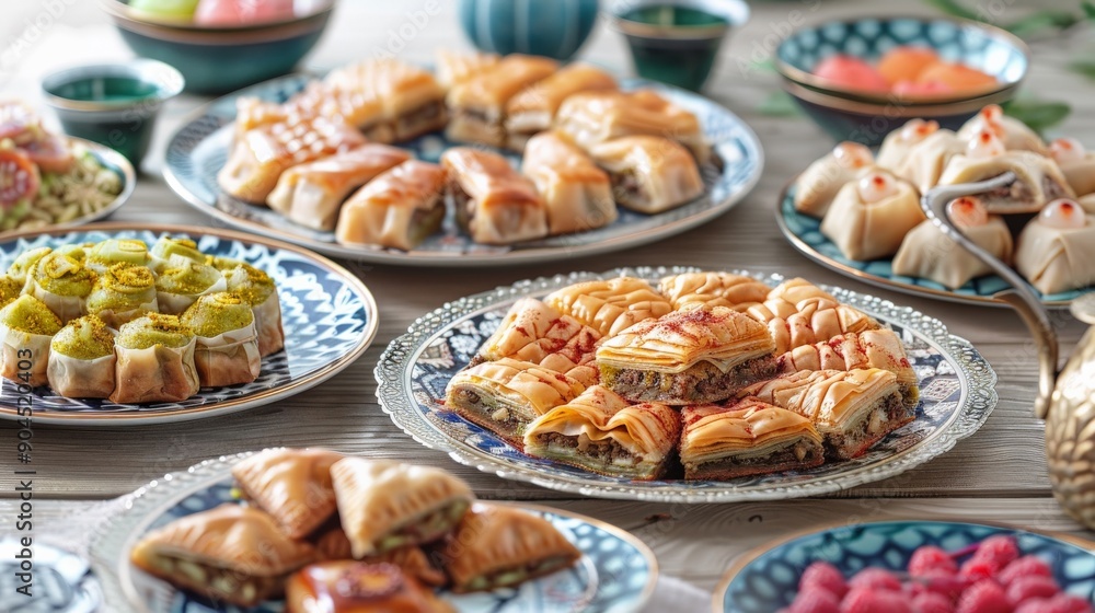 Plates of traditional Ramadan sweets like baklava and qatayef on a festive table Plates of traditional Ramadan sweets like baklava and qatayef on a festive table