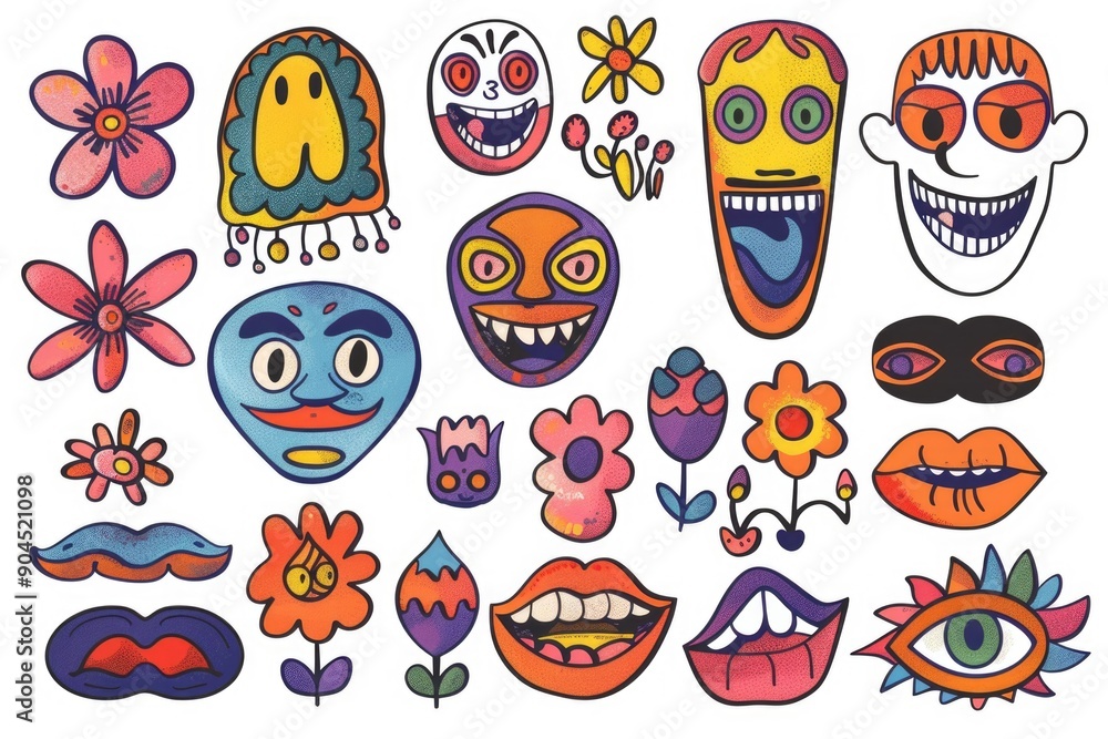 Colorful illustration of cartoon characters surrounded by blooming flowers on a white background Colorful illustration of cartoon characters surrounded by blooming flowers on a white background