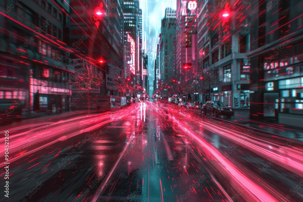 A bustling city street with numerous red lights illuminating the night scene A bustling city street with numerous red lights illuminating the night scene