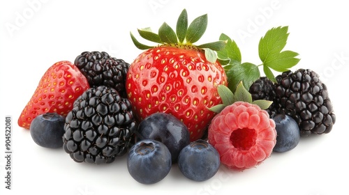 Assorted ripe berries featuring strawberries, blackberries, raspberries, and blueberries, cut out