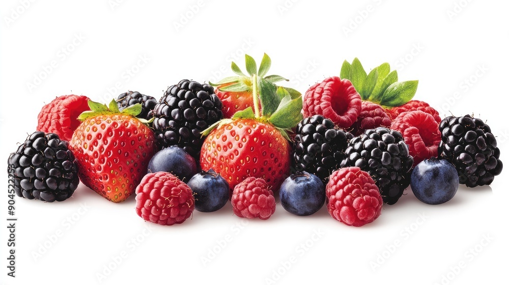 Assorted ripe berries including strawberries, blackberries, raspberries, and blueberries, cut out Assorted ripe berries including strawberries, blackberries, raspberries, and blueberries, cut out