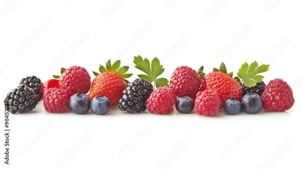 Assorted ripe berries including strawberries, blackberries, raspberries, and blueberries, cut out Assorted ripe berries including strawberries, blackberries, raspberries, and blueberries, cut out