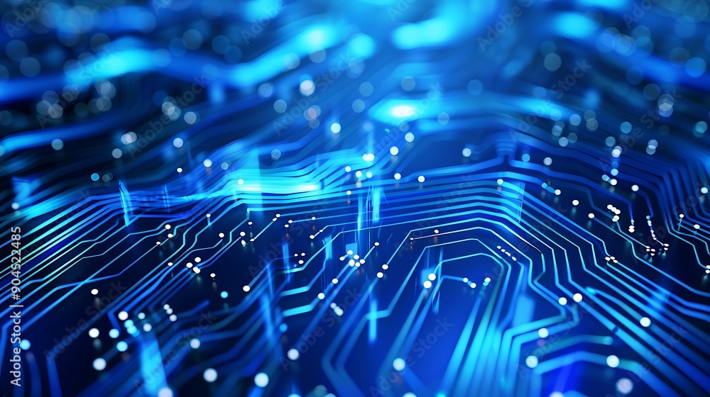 Obraz premium Abstract blue circuit board with glowing lines.